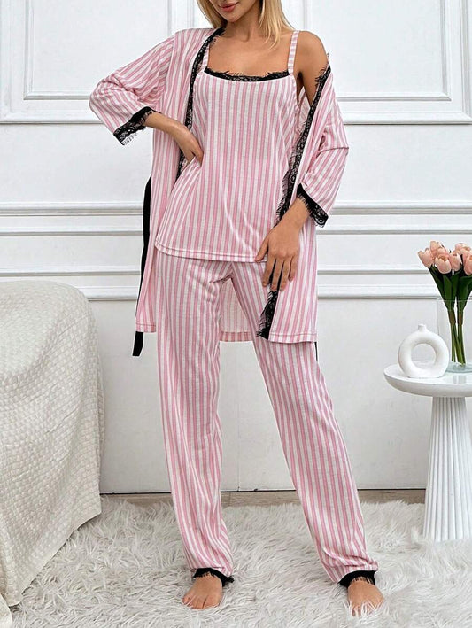 pyjama à manches longues à rayures et bordures en dentelle pour femmes, débardeur et pantalon décontractés