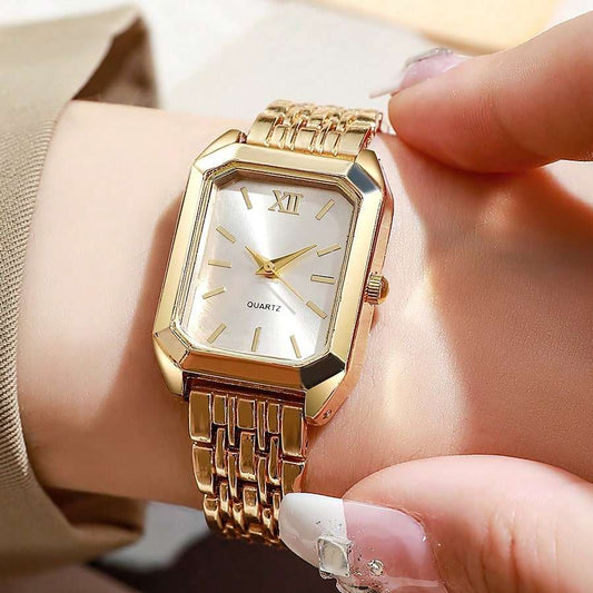 Montre femme à quartz – cadran carré simple & bracelet en acier inoxydable doré Tunisie