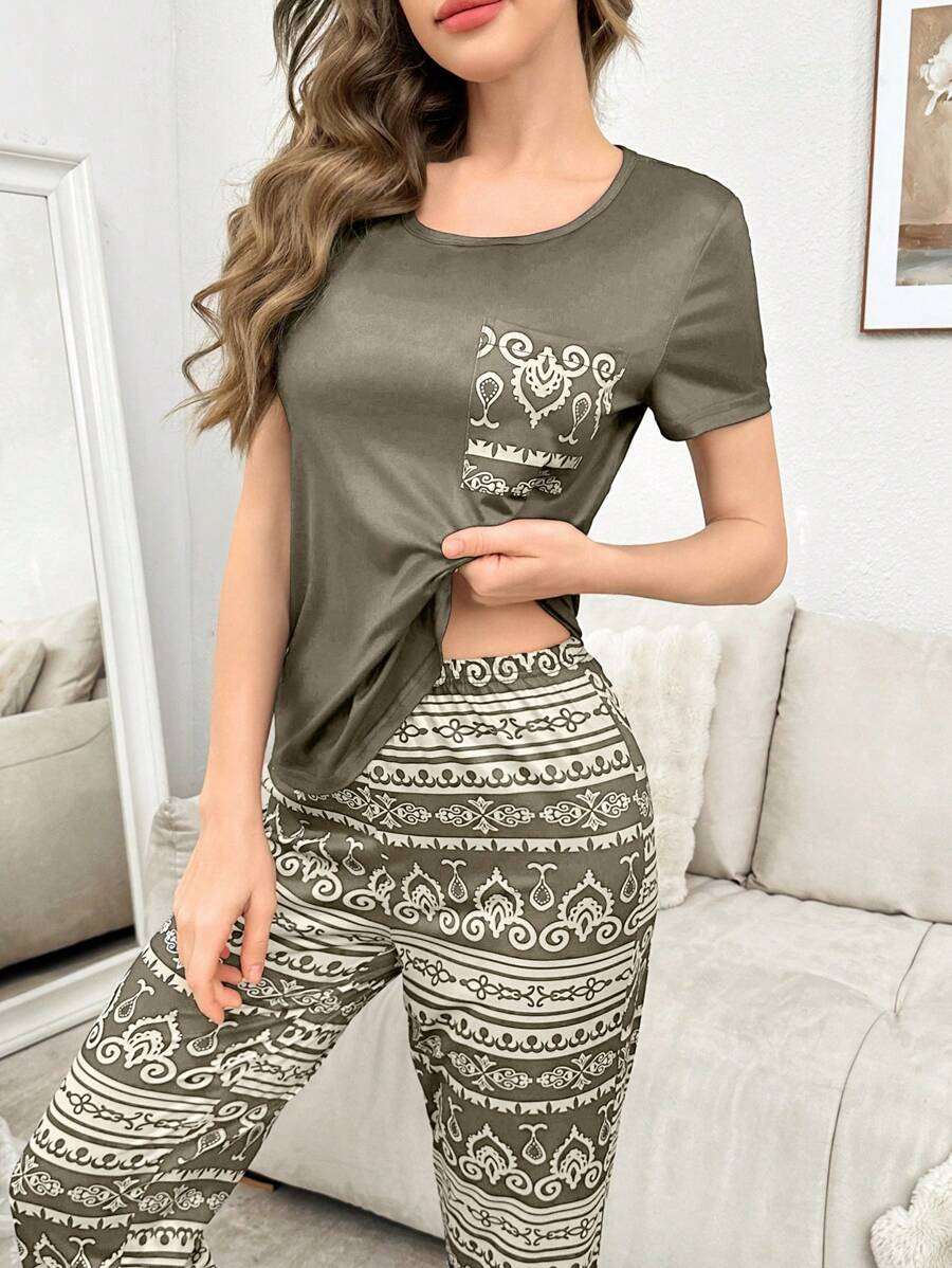 2 pièces Ensemble de pyjama avec haut à manches courtes et pantalon imprimé de poche en couleurs contrastée