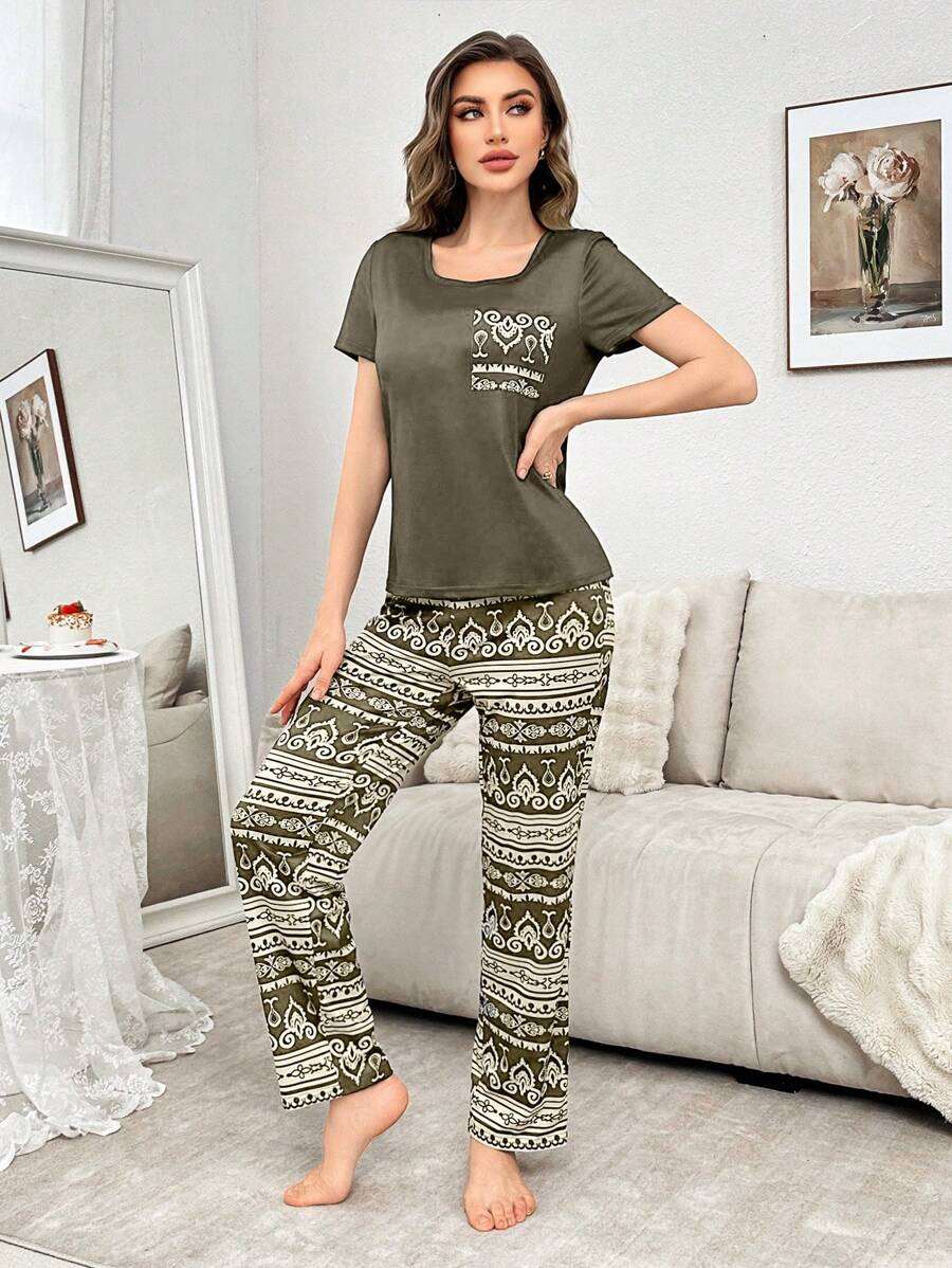 2 pièces Ensemble de pyjama avec haut à manches courtes et pantalon imprimé de poche en couleurs contrastée