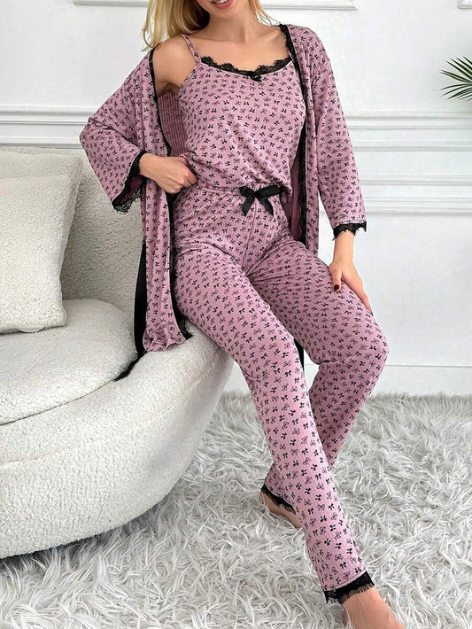 pyjama  à manches longues avec dentelle à motif papillon pour femme, débardeur et pantalon Ensemble pyjama décontracté