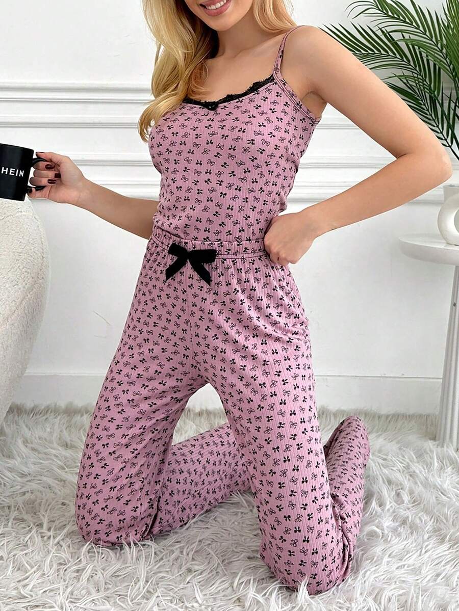 pyjama  à manches longues avec dentelle à motif papillon pour femme, débardeur et pantalon Ensemble pyjama décontracté