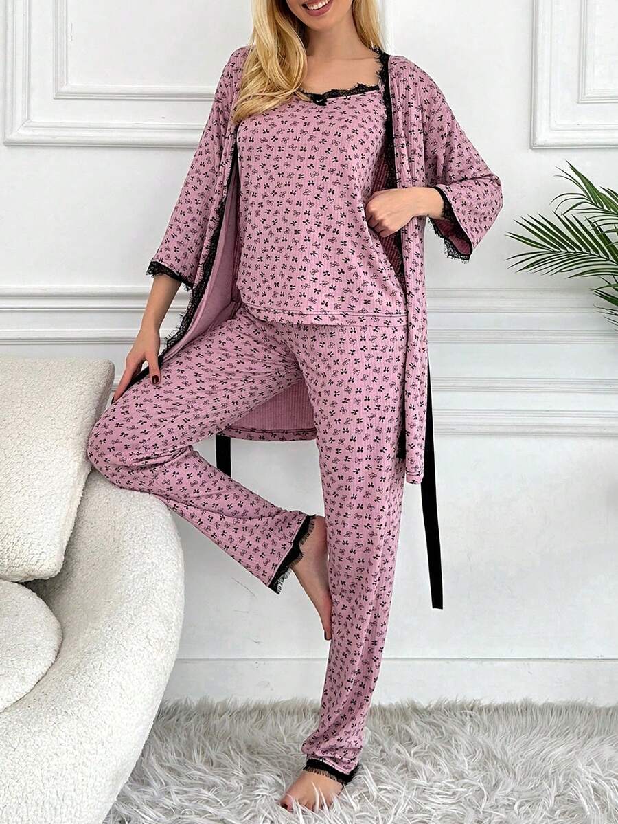 pyjama  à manches longues avec dentelle à motif papillon pour femme, débardeur et pantalon Ensemble pyjama décontracté