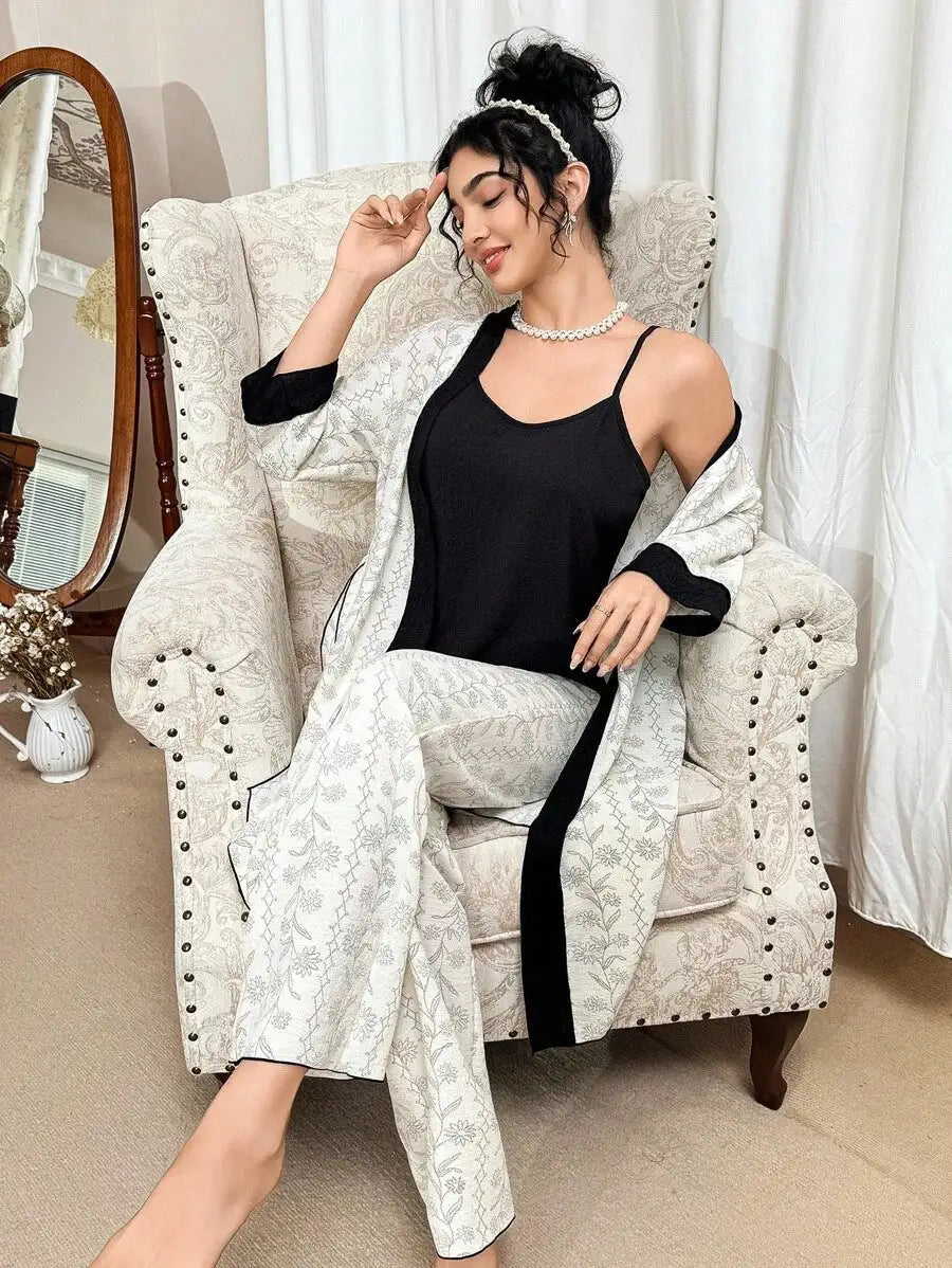 Ensemble peignoir noir à motif floral et végétal mélangé, ensemble pyjama 3 pièces à fleurs luxuriantes, vêtements automne-hiver, douillet et élégant
