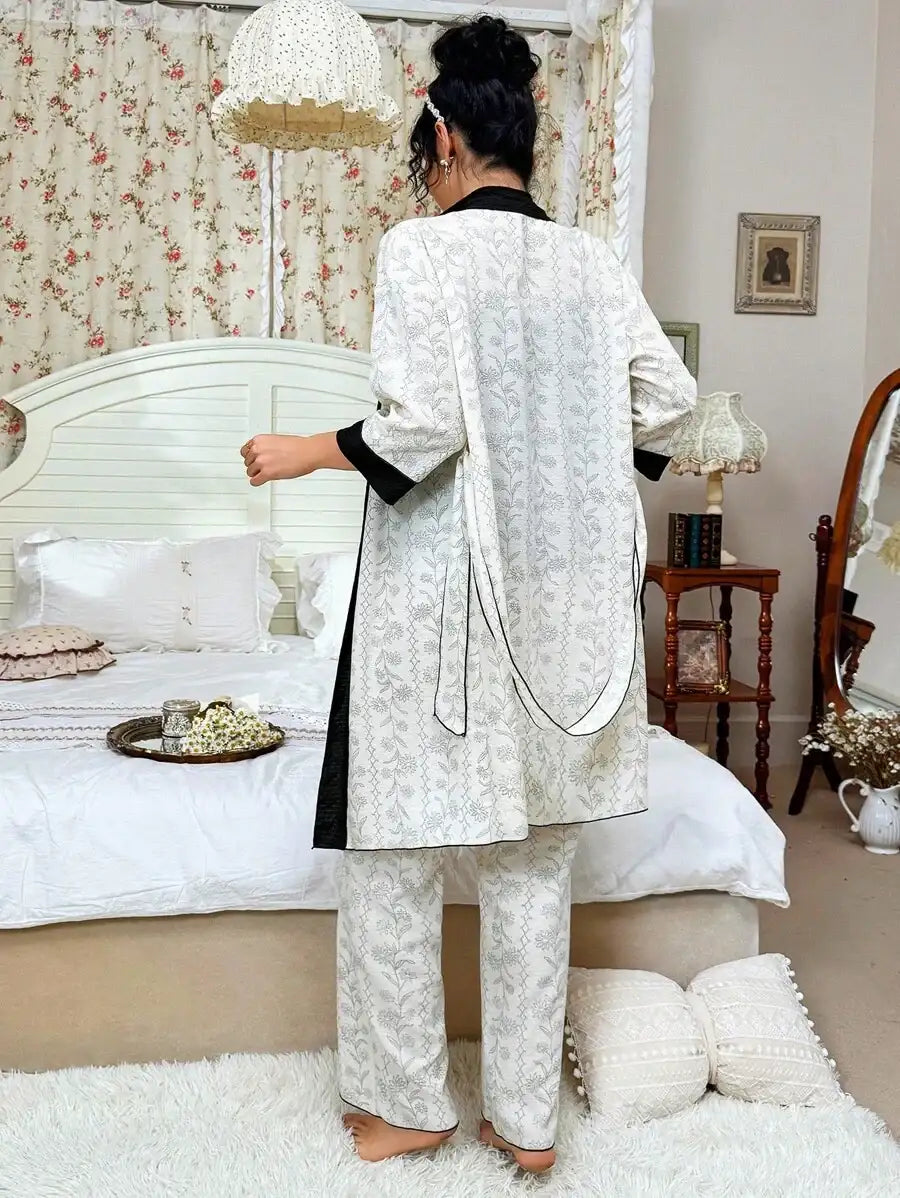 Ensemble peignoir noir à motif floral et végétal mélangé, ensemble pyjama 3 pièces à fleurs luxuriantes, vêtements automne-hiver, douillet et élégant