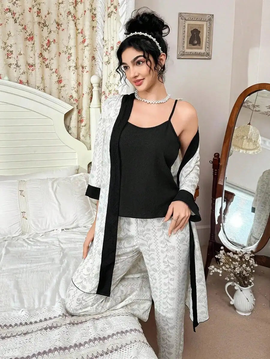 Ensemble peignoir noir à motif floral et végétal mélangé, ensemble pyjama 3 pièces à fleurs luxuriantes, vêtements automne-hiver, douillet et élégant