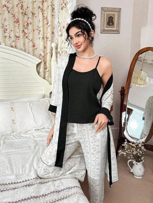 Ensemble peignoir noir à motif floral et végétal mélangé, ensemble pyjama 3 pièces à fleurs luxuriantes, vêtements automne-hiver, douillet et élégant