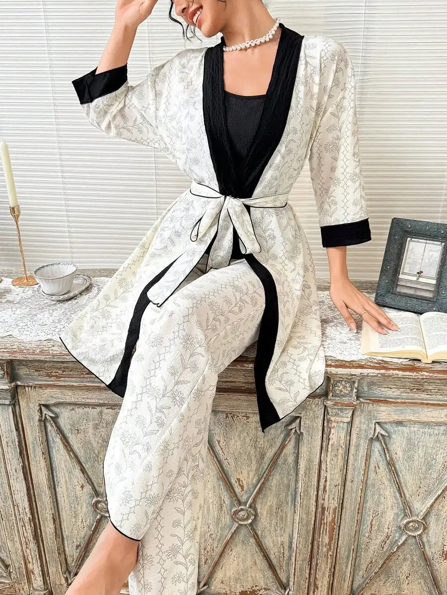 Ensemble peignoir noir à motif floral et végétal mélangé, ensemble pyjama 3 pièces à fleurs luxuriantes, vêtements automne-hiver, douillet et élégant