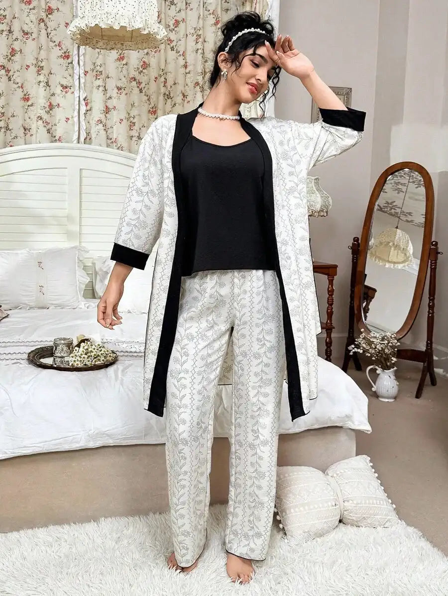 Ensemble peignoir noir à motif floral et végétal mélangé, ensemble pyjama 3 pièces à fleurs luxuriantes, vêtements automne-hiver, douillet et élégant