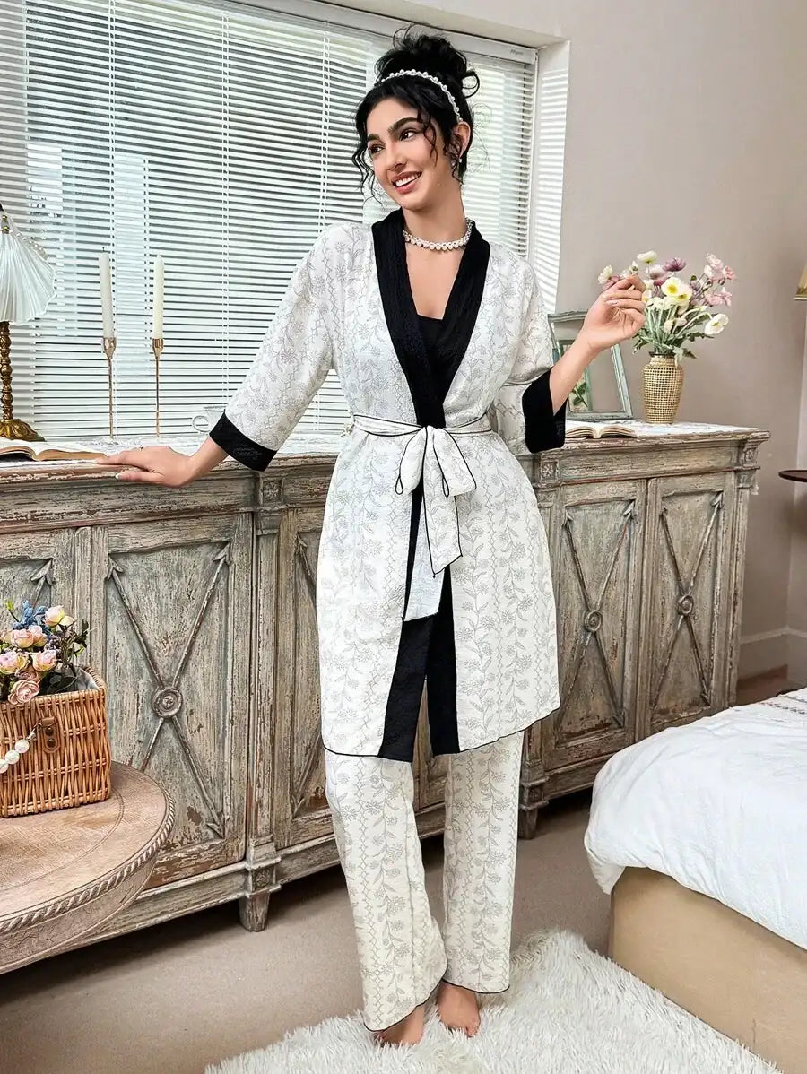 Ensemble peignoir noir à motif floral et végétal mélangé, ensemble pyjama 3 pièces à fleurs luxuriantes, vêtements automne-hiver, douillet et élégant
