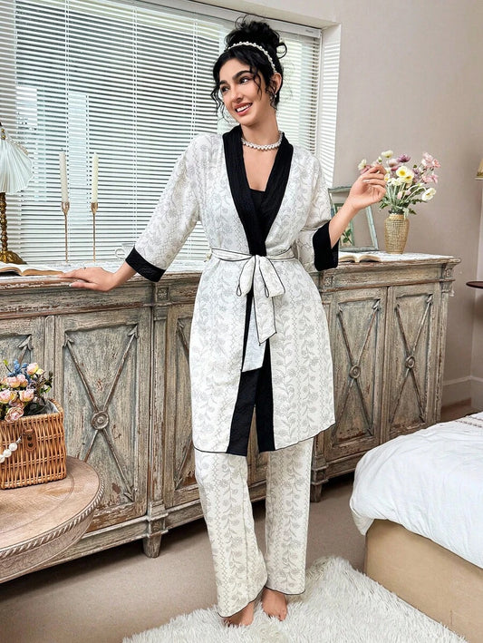 Ensemble peignoir noir à motif floral et végétal mélangé, ensemble pyjama 3 pièces à fleurs luxuriantes, vêtements automne-hiver, douillet et élégant