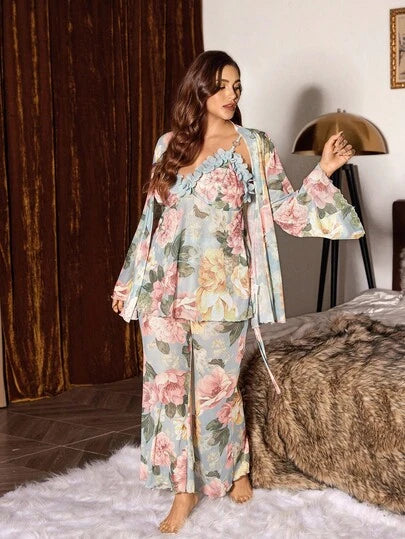 Slumberist Ensemble de vêtements de nuit pour femmes composé d'un débardeur à lacets et d'un peignoir avec imprimé floral