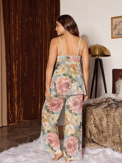 Slumberist Ensemble de vêtements de nuit pour femmes composé d'un débardeur à lacets et d'un peignoir avec imprimé floral