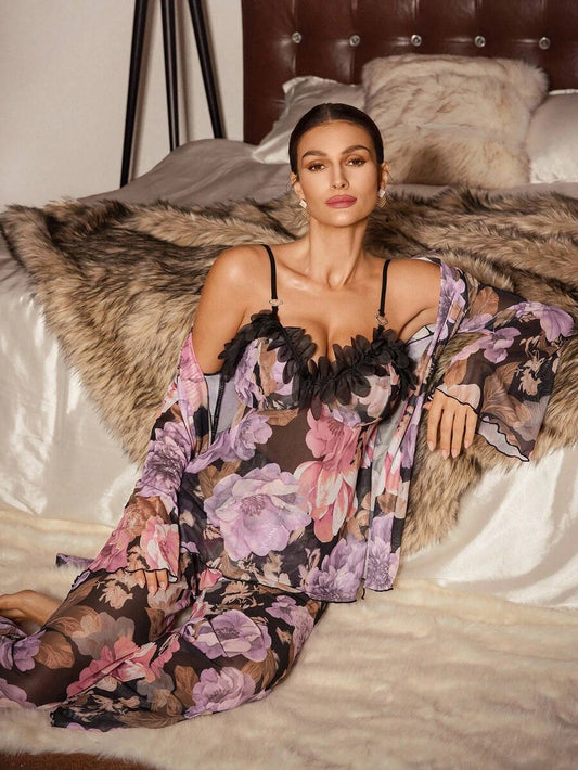 Slumberist Ensemble de vêtements de nuit pour femmes composé d'un débardeur à lacets et d'un peignoir avec imprimé floral