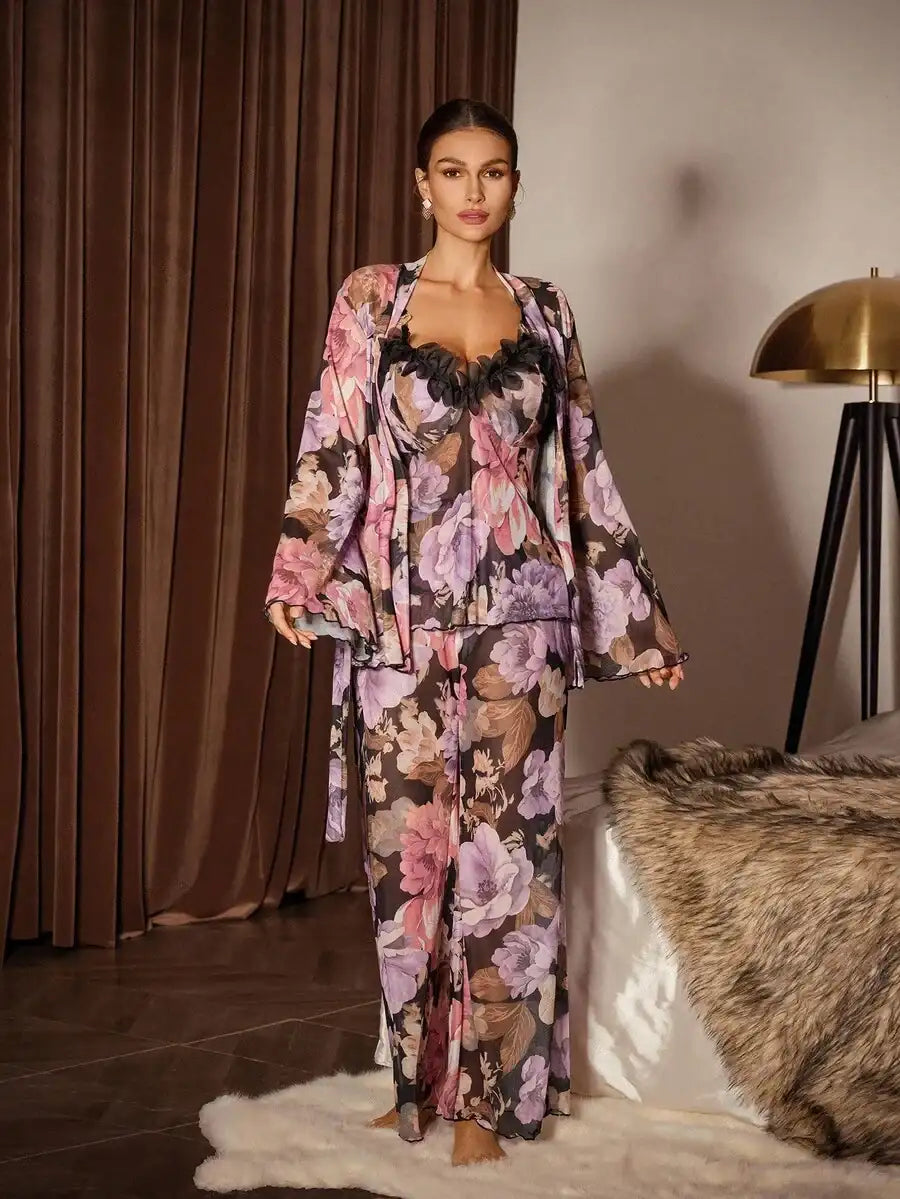 Slumberist Ensemble de vêtements de nuit pour femmes composé d'un débardeur à lacets et d'un peignoir avec imprimé floral