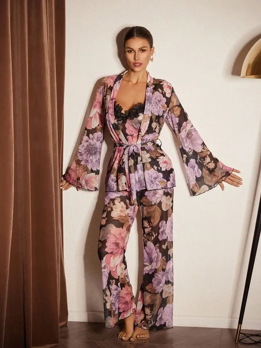 Slumberist Ensemble de vêtements de nuit pour femmes composé d'un débardeur à lacets et d'un peignoir avec imprimé floral