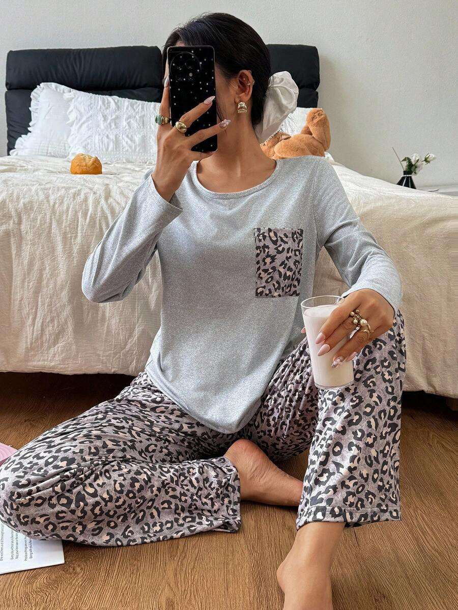 Ensemble pyjama femme  léopard avec poche, haut à manches longues et pantalon de couleur unie. Ensemble pyjama léopard, ensemble pyjama imprimé animal, ensemble lounge à manches longues, ensemble pyjama imprimé guépard,  vêtements automne hiver