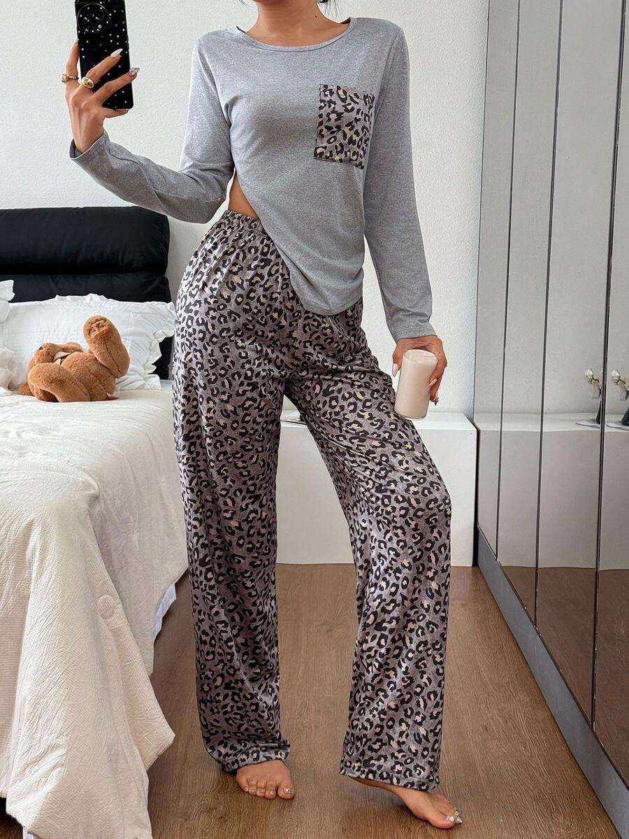 Ensemble pyjama femme  léopard avec poche, haut à manches longues et pantalon de couleur unie. Ensemble pyjama léopard, ensemble pyjama imprimé animal, ensemble lounge à manches longues, ensemble pyjama imprimé guépard,  vêtements automne hiver