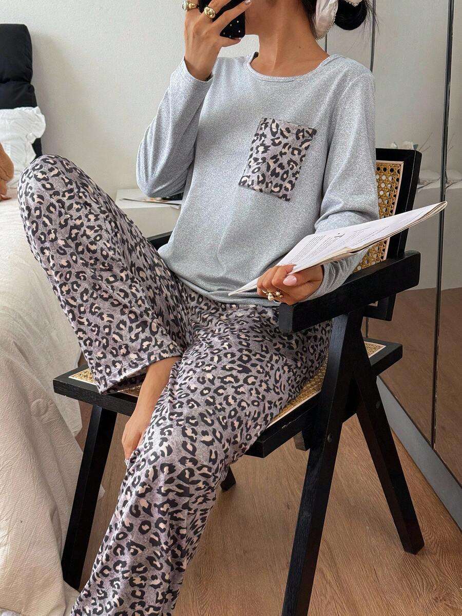 Ensemble pyjama femme  léopard avec poche, haut à manches longues et pantalon de couleur unie. Ensemble pyjama léopard, ensemble pyjama imprimé animal, ensemble lounge à manches longues, ensemble pyjama imprimé guépard,  vêtements automne hiver