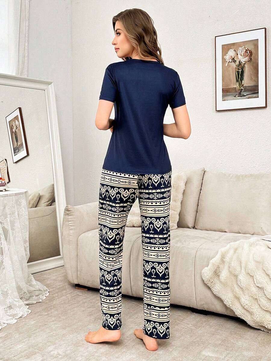 2 pièces Ensemble de pyjama rétro avec chemise à manches courtes et pantalon avec poche de couleur contrastante