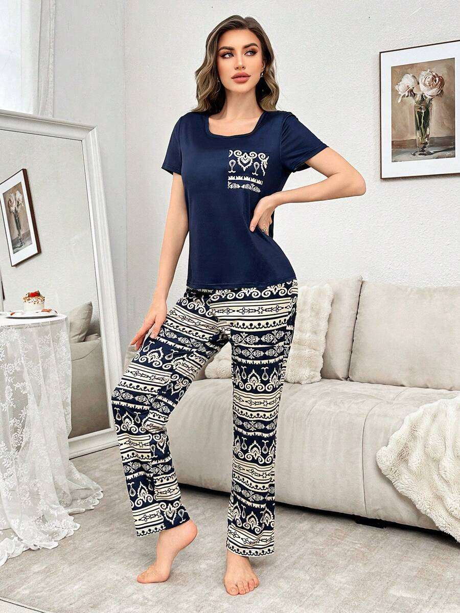 2 pièces Ensemble de pyjama rétro avec chemise à manches courtes et pantalon avec poche de couleur contrastante