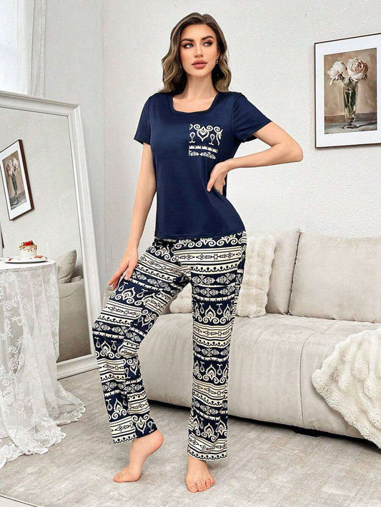 2 pièces Ensemble de pyjama rétro avec chemise à manches courtes et pantalon avec poche de couleur contrastante