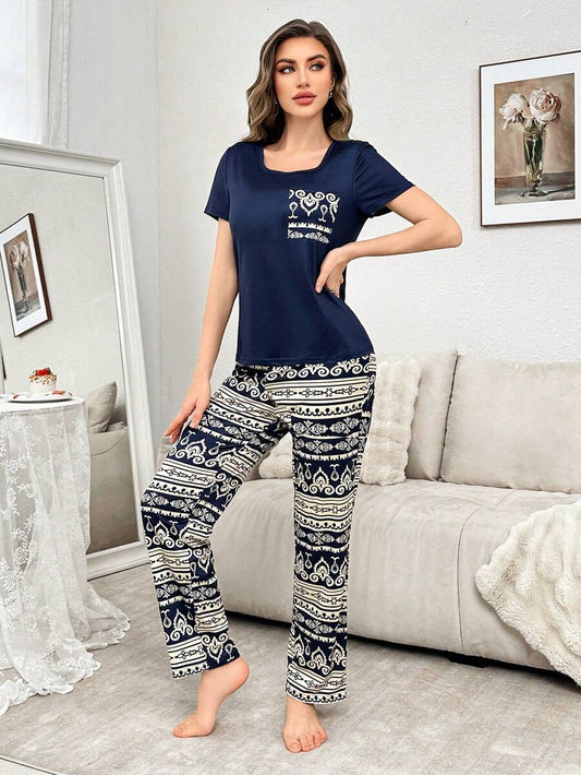 2 pièces Ensemble de pyjama rétro avec chemise à manches courtes et pantalon avec poche de couleur contrastante