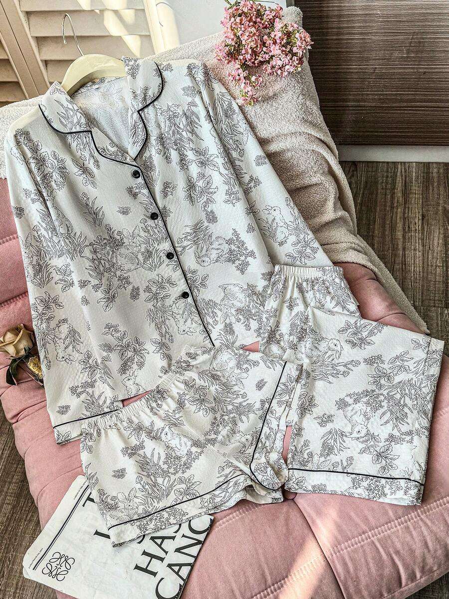 Ensemble de pyjama 3 pièces avec haut à manches longues, short et pantalon imprimé de fleurs et de lapin froissé. Ensemble de pyjama doux, vêtements d'hiver vintage pour femmes