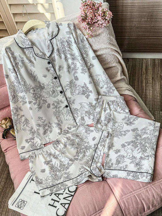 Ensemble de pyjama 3 pièces avec haut à manches longues, short et pantalon imprimé de fleurs et de lapin froissé. Ensemble de pyjama doux, vêtements d'hiver vintage pour femmes