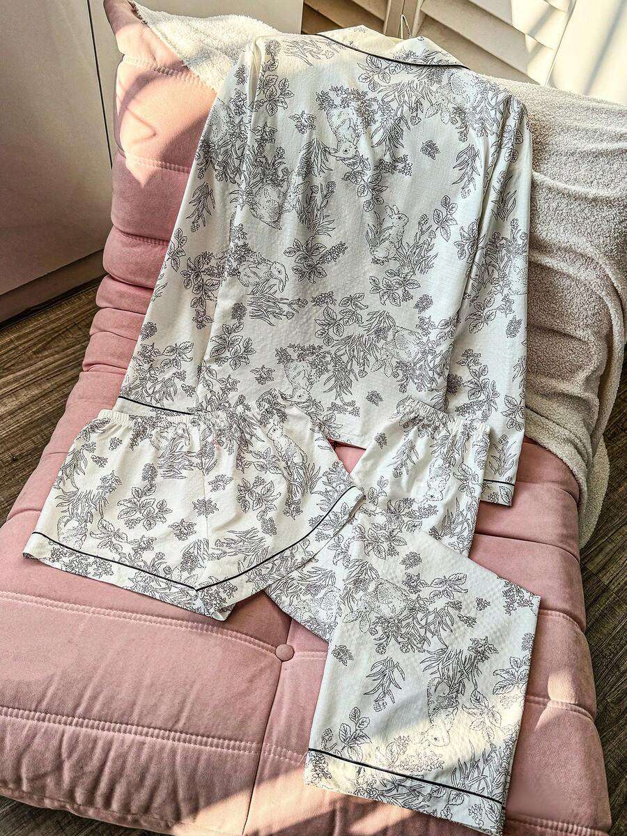 Ensemble de pyjama 3 pièces avec haut à manches longues, short et pantalon imprimé de fleurs et de lapin froissé. Ensemble de pyjama doux, vêtements d'hiver vintage pour femmes