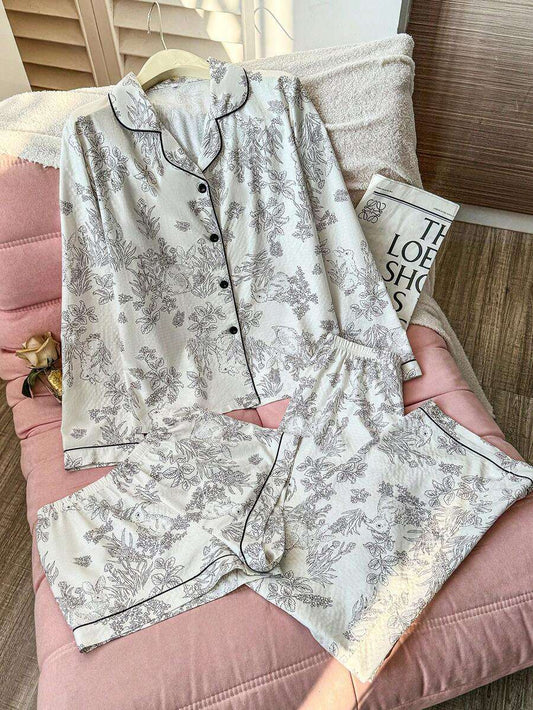 Ensemble de pyjama 3 pièces avec haut à manches longues, short et pantalon imprimé de fleurs et de lapin froissé. Ensemble de pyjama doux, vêtements d'hiver vintage pour femmes