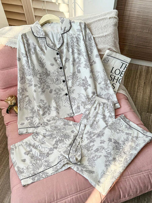Ensemble de pyjama 3 pièces avec haut à manches longues, short et pantalon imprimé de fleurs et de lapin froissé. Ensemble de pyjama doux, vêtements d'hiver vintage pour femmes