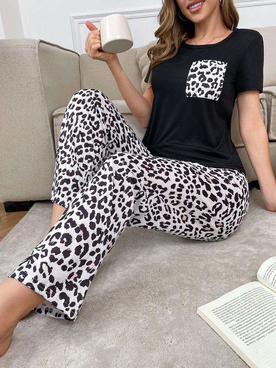 Ensemble de pyjama à manches courtes avec poche à imprimé léopard