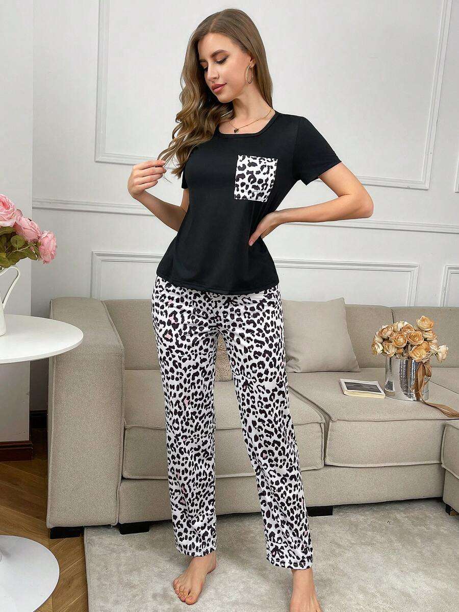 Ensemble de pyjama à manches courtes avec poche à imprimé léopard