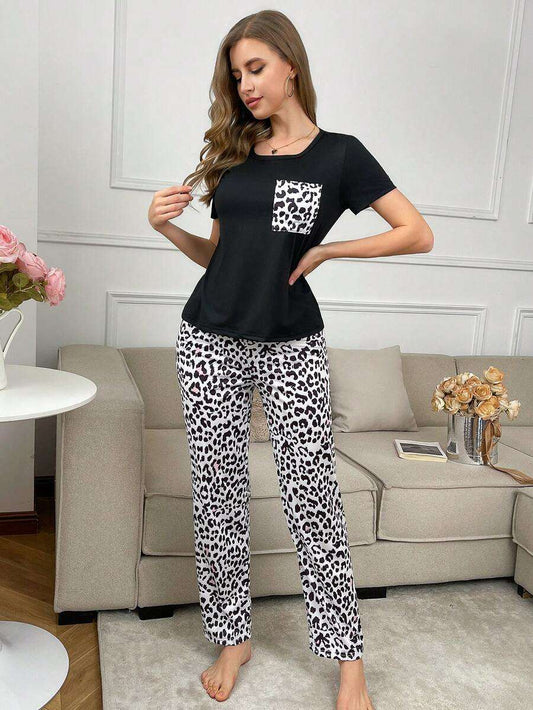 Ensemble de pyjama à manches courtes avec poche à imprimé léopard