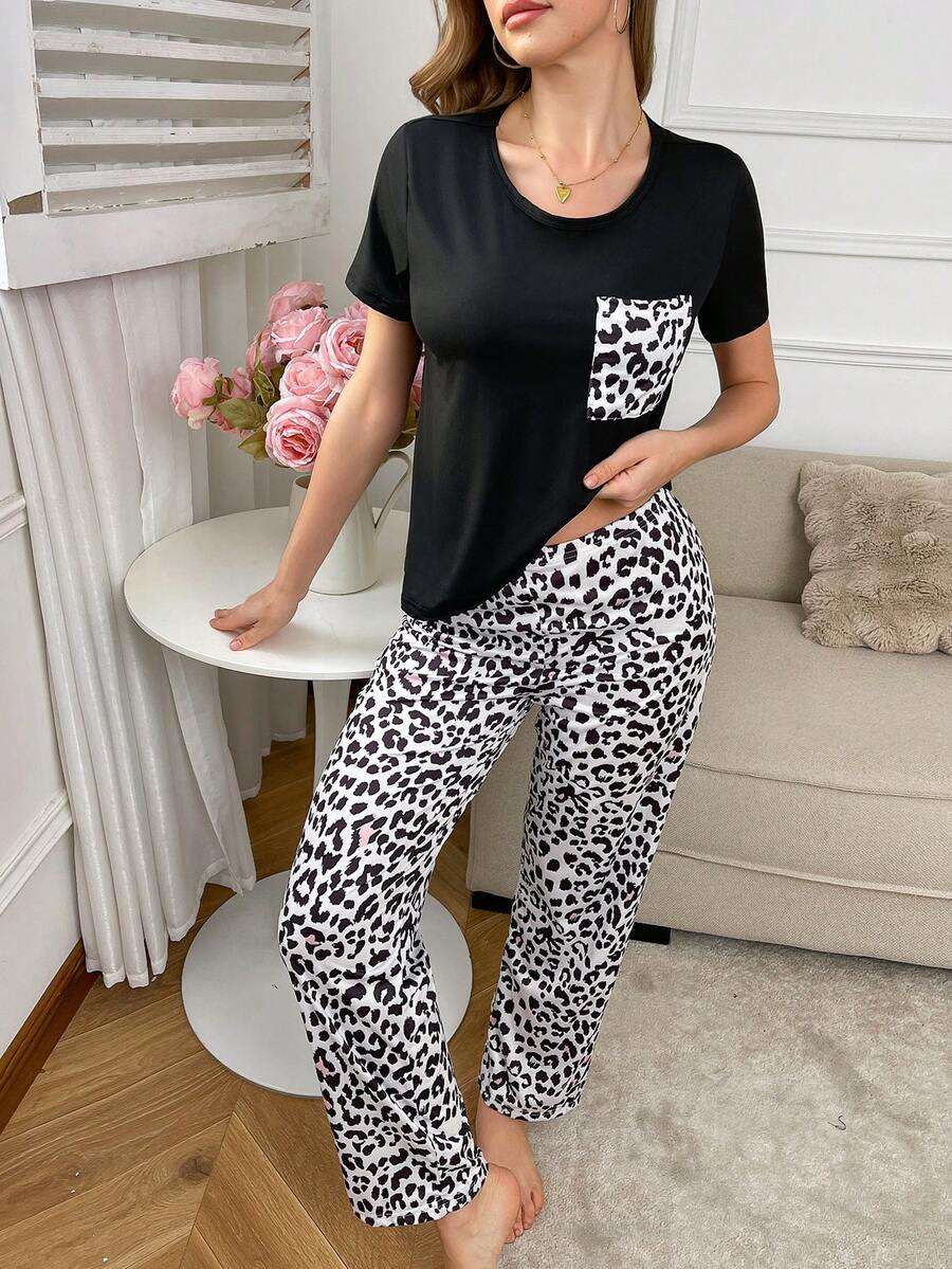 Ensemble de pyjama à manches courtes avec poche à imprimé léopard