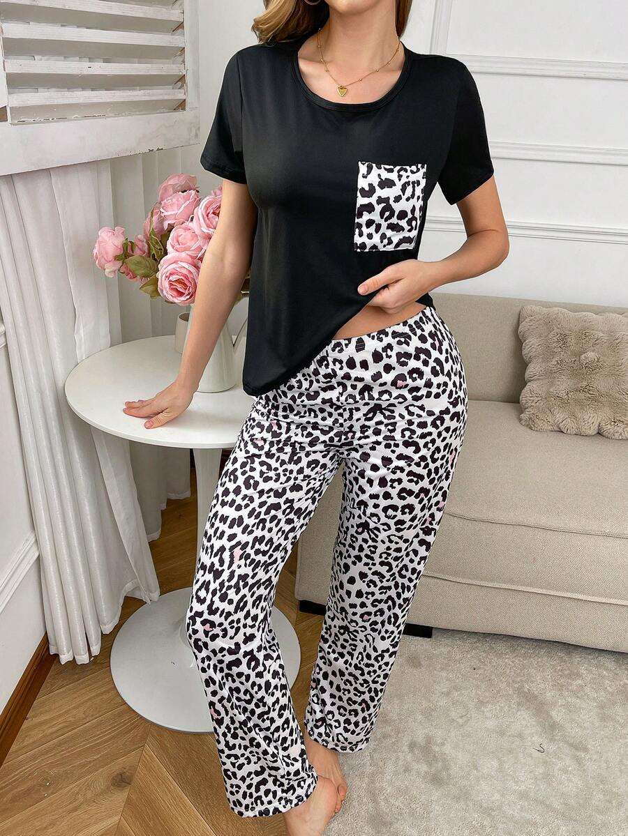 Ensemble de pyjama à manches courtes avec poche à imprimé léopard