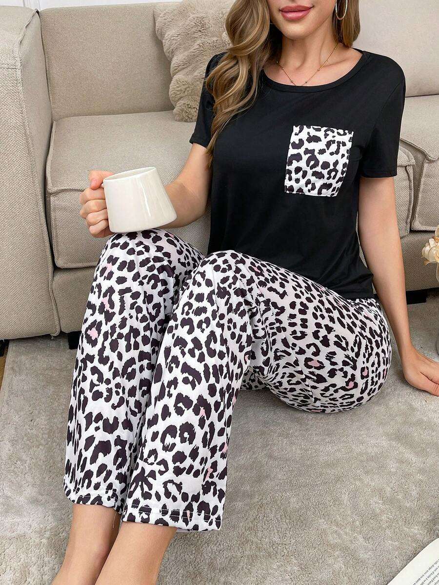 Ensemble de pyjama à manches courtes avec poche à imprimé léopard