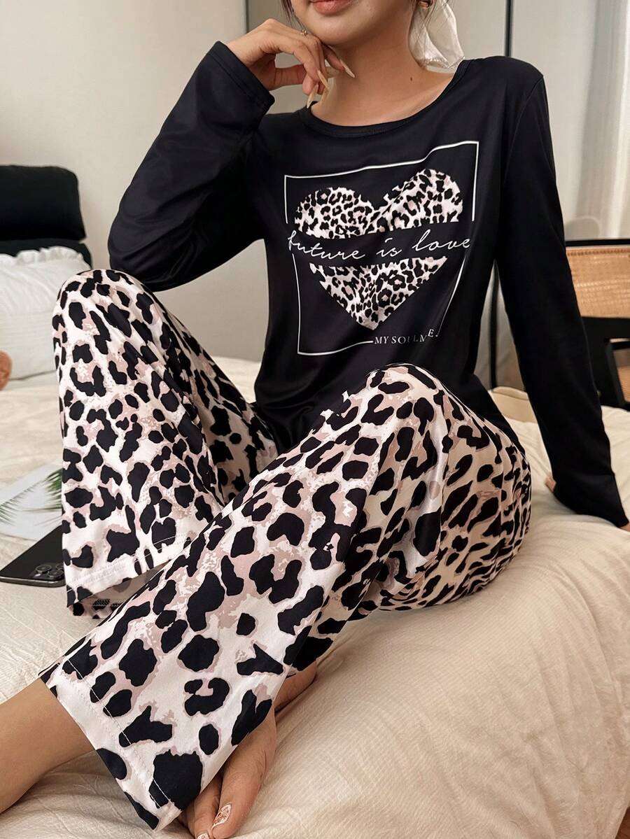 Dream Adore Ensemble pyjama femme haut à manches longues et pantalon avec imprimé léopard en forme de cœur, vêtements d'hiver