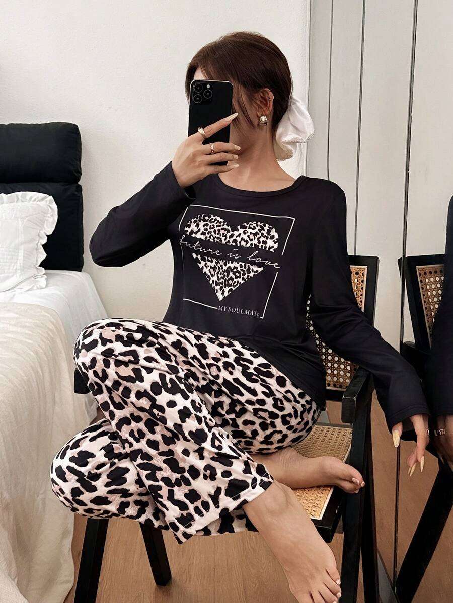 Dream Adore Ensemble pyjama femme haut à manches longues et pantalon avec imprimé léopard en forme de cœur, vêtements d'hiver