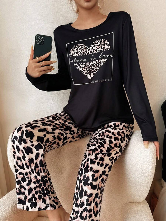Dream Adore Ensemble pyjama femme haut à manches longues et pantalon avec imprimé léopard en forme de cœur, vêtements d'hiver
