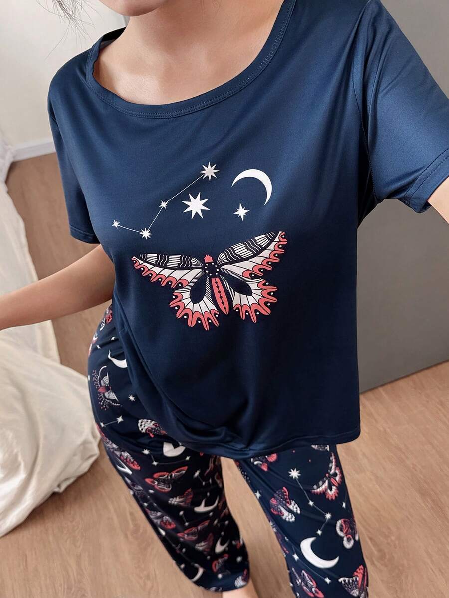 Ensemble de pyjama court à manches courtes avec imprimé papillon et croissant de lune pour femmes - GlamShopTN