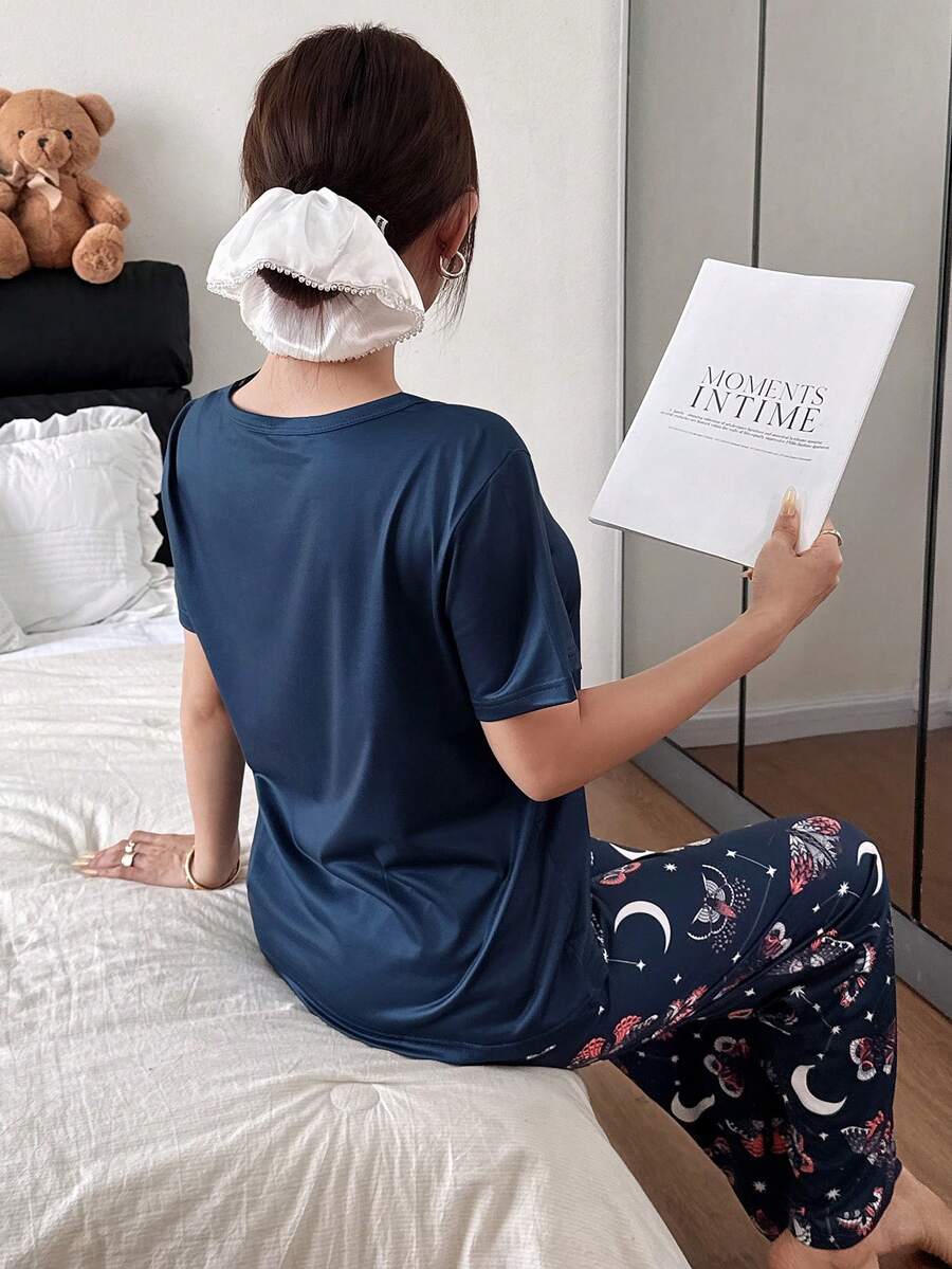 Ensemble de pyjama court à manches courtes avec imprimé papillon et croissant de lune pour femmes - GlamShopTN
