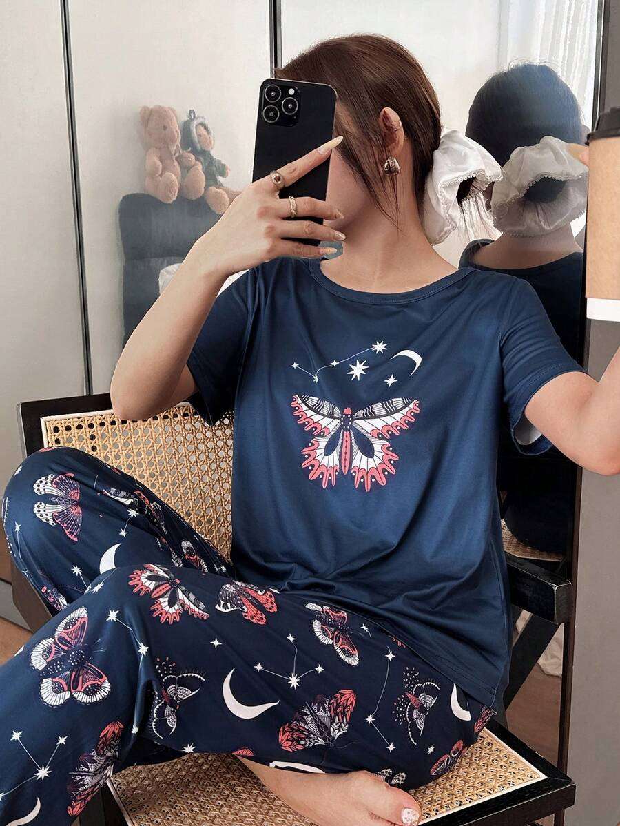 Ensemble de pyjama court à manches courtes avec imprimé papillon et croissant de lune pour femmes