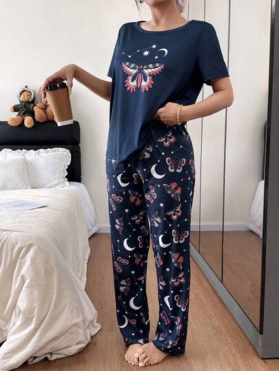 Ensemble de pyjama court à manches courtes avec imprimé papillon et croissant de lune pour femmes