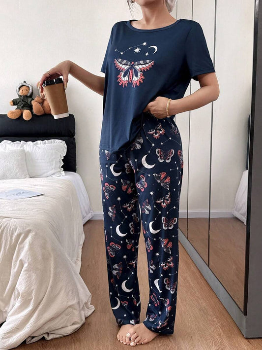 Ensemble de pyjama court à manches courtes avec imprimé papillon et croissant de lune pour femmes