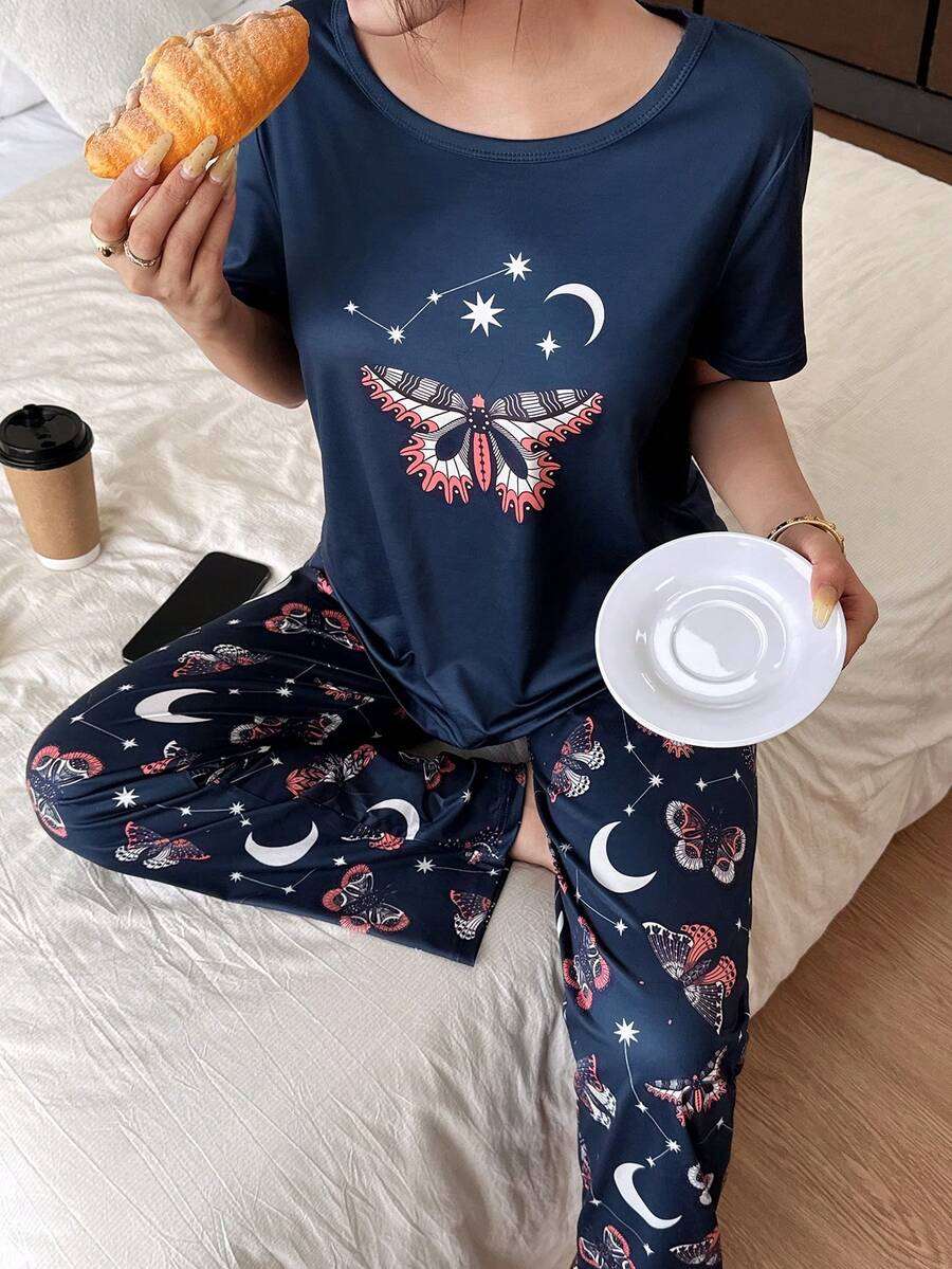 Ensemble de pyjama court à manches courtes avec imprimé papillon et croissant de lune pour femmes