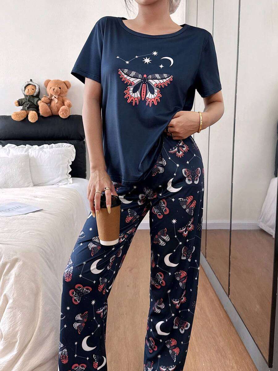 Ensemble de pyjama court à manches courtes avec imprimé papillon et croissant de lune pour femmes