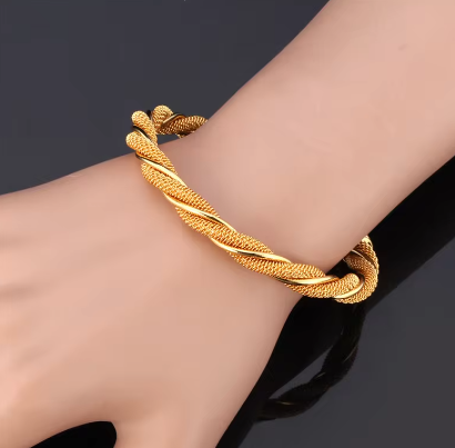 Bracelet Câble Tressé avec Filet - Bracelet Jonc Rond Tendance pour Femme en Couleur Or - 6cm