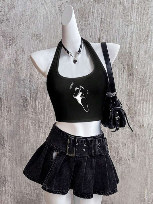 Attitoon HalloweenScream Face Pattern Casual Scoop Neck Tank Top, Slim Fit For Women, Suitable For Summer